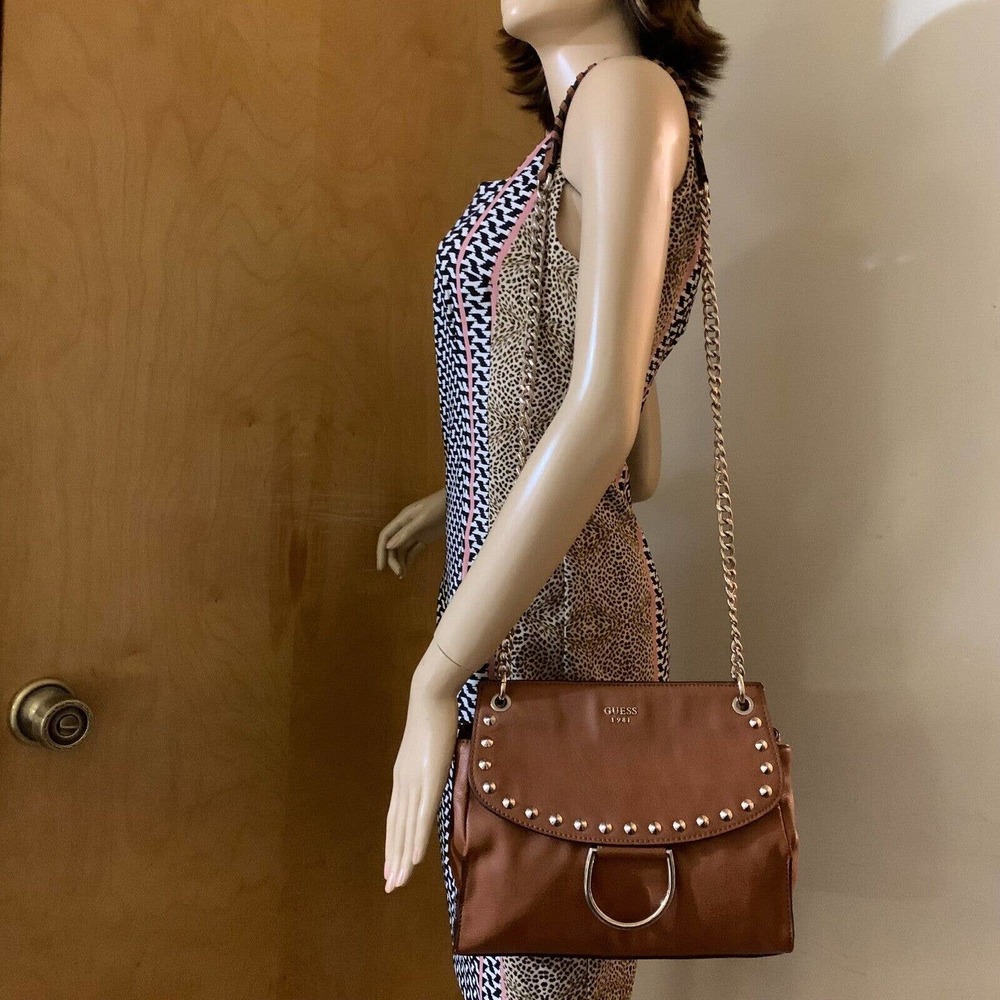 GUESS Large Acorn Brown Vegan Leather Studded Flap CHAIN CROSSBODY - Picture 4 of 13